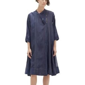 Péro Cotton Silk Handwoven Wrap Front Lagenlook Dress in Navy Blue SZ 6